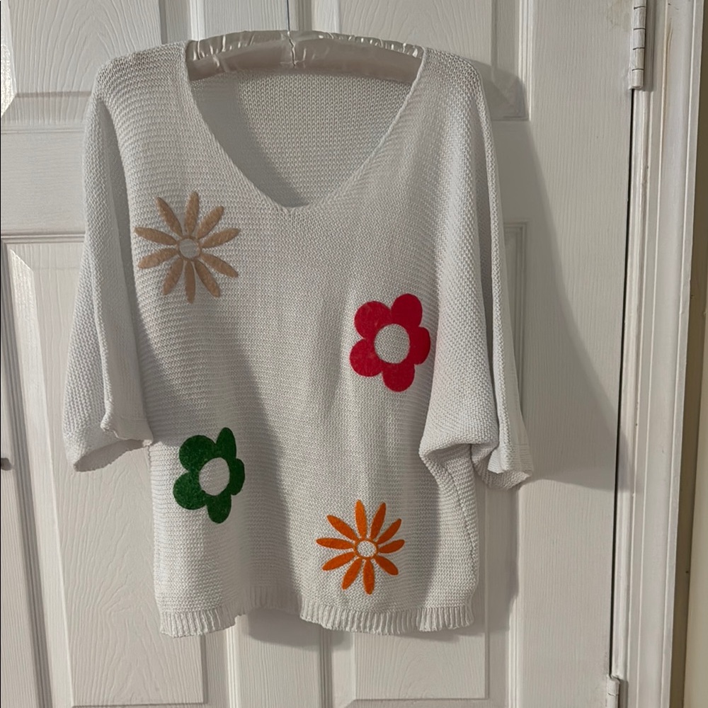 Floral Knit Sweater - White with Multicolor Accents
